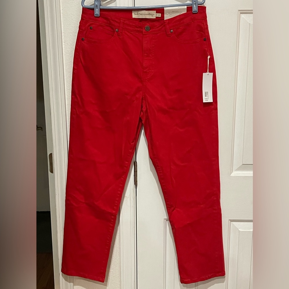 RED JEANS, 5 POCKET, STRAIGHT, THE ULTIMATE JEANS by SOFT SURROUNDINGS. Size 14.